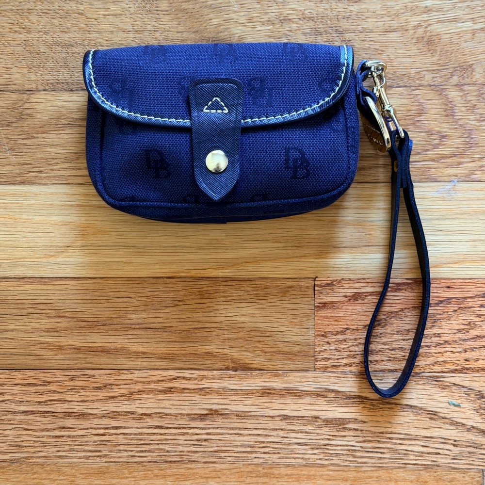 Dooney & Bourke Black Monogram Canvas Wristlet Pouch with Leather Strap